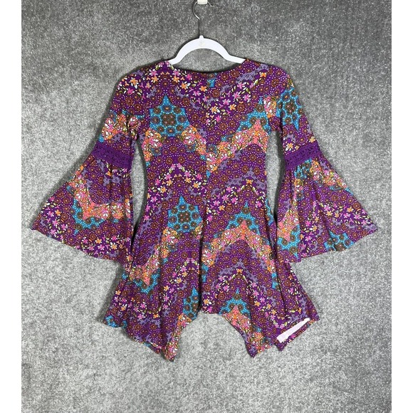 Dreamworks TROLLS Floral Crochet Sharkbite Hem Bell Sleeve Dress Girl Small Soft - Picture 2 of 10